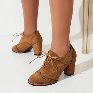 Women's faux suede chunky heels wingtips brogue shoes