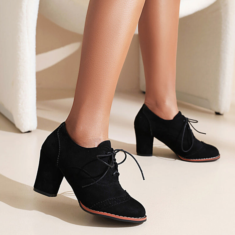 black Women's faux suede chunky heels wingtips brogue shoes