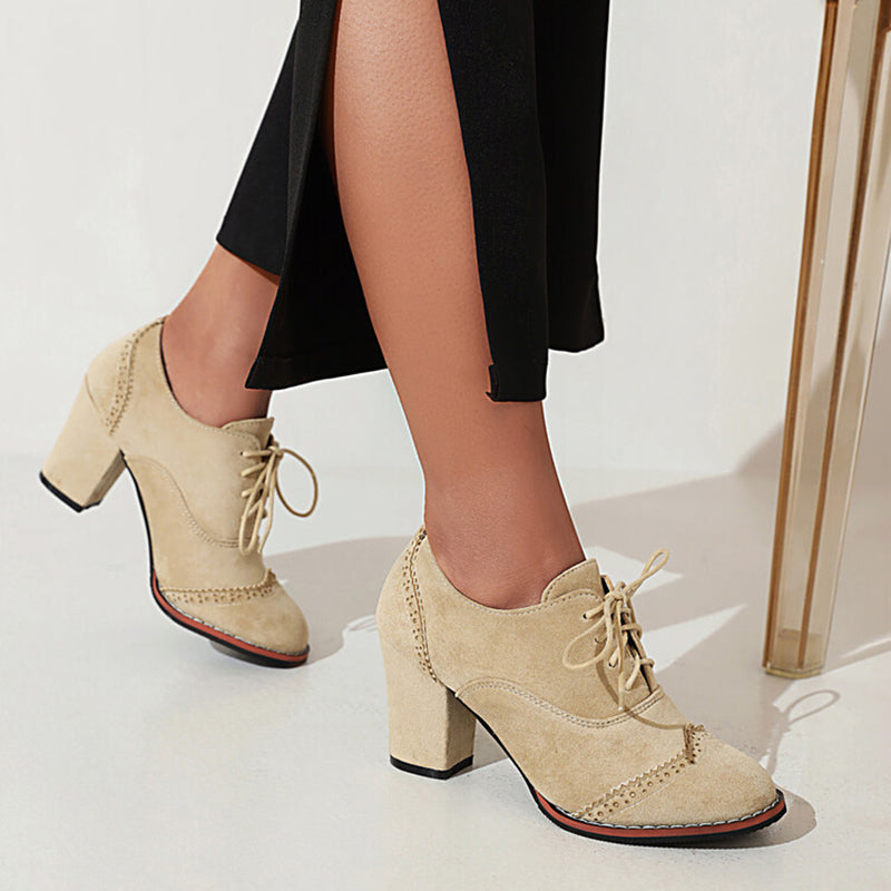 beige Women's faux suede chunky heels wingtips brogue shoes