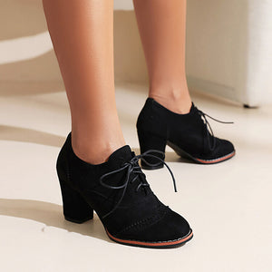 Women's faux suede chunky heels wingtips brogue shoes