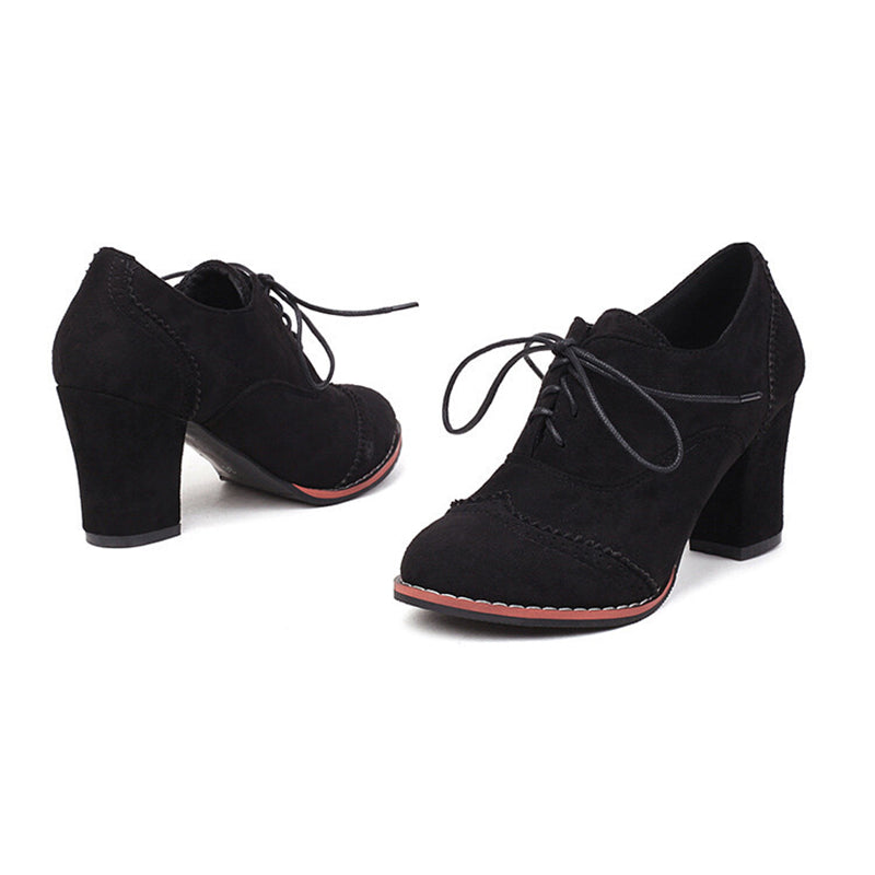 black Women's faux suede chunky heels wingtips brogue shoes