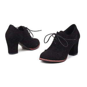 black Women's faux suede chunky heels wingtips brogue shoes