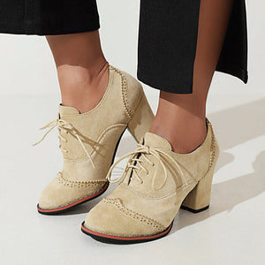 beige Women's faux suede chunky heels wingtips brogue shoes