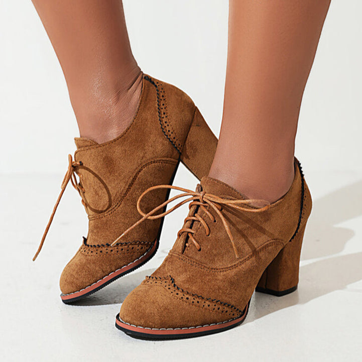 brown Women's faux suede chunky heels wingtips brogue shoes