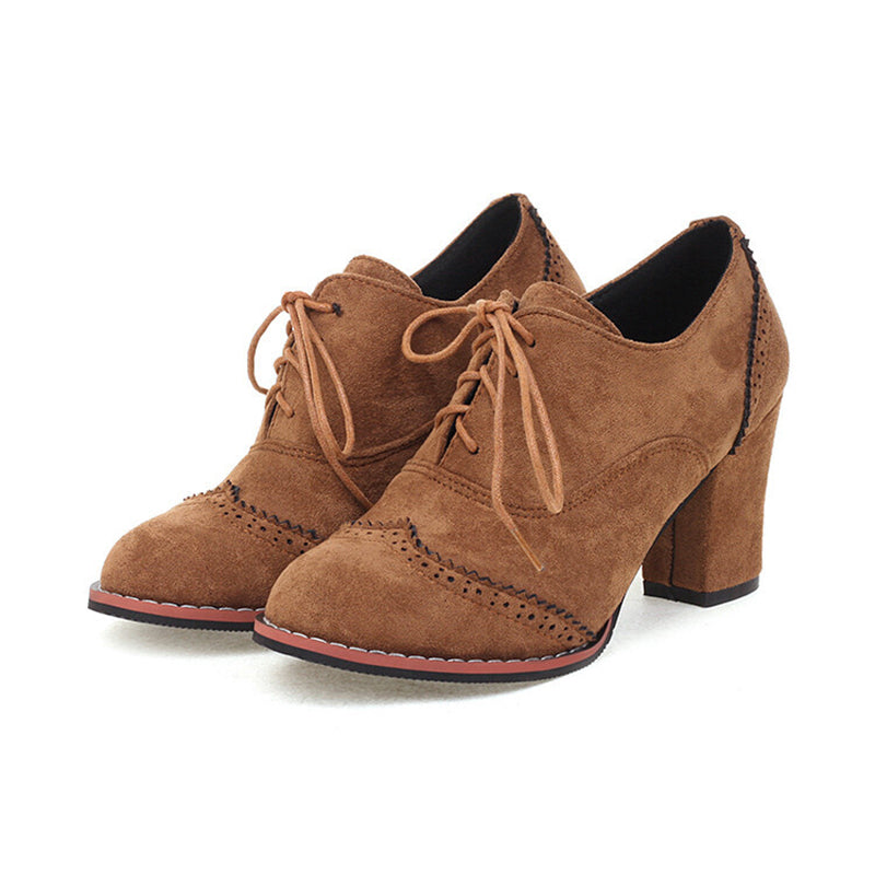 brown Women's faux suede chunky heels wingtips brogue shoes