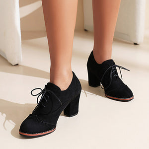 black Women's faux suede chunky heels wingtips brogue shoes