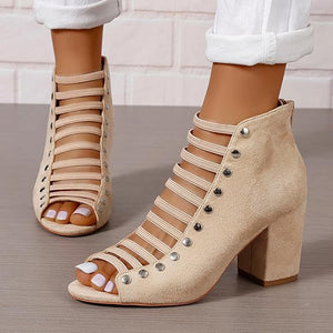 beige Women's faux suede cut-out strappy block heels sandals