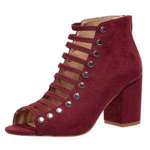 burgundy Women's faux suede cut-out strappy block heels sandals