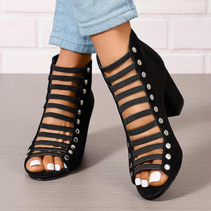 black Women's faux suede cut-out strappy block heels sandals