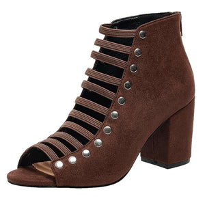 brown Women's faux suede cut-out strappy block heels sandals