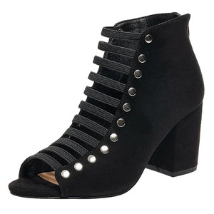 black Women's faux suede cut-out strappy block heels sandals