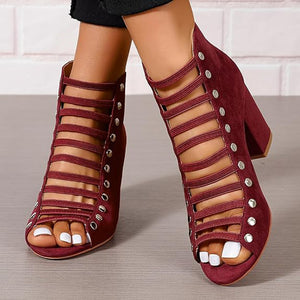 burgundy Women's faux suede cut-out strappy block heels sandals