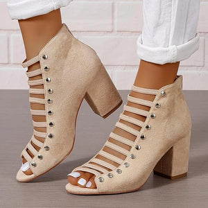 beige Women's faux suede cut-out strappy block heels sandals