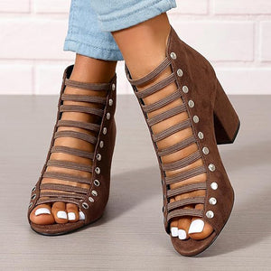 brown Women's faux suede cut-out strappy block heels sandals
