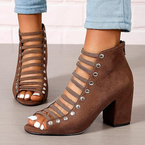 brown Women's faux suede cut-out strappy block heels sandals