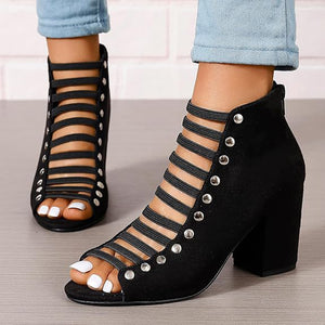 black Women's faux suede cut-out strappy block heels sandals