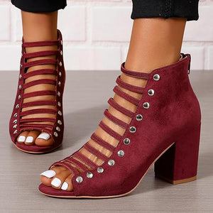 burgundy Women's faux suede cut-out strappy block heels sandals