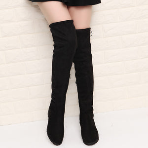 Women's faux suede flat thigh high boots back tie-up