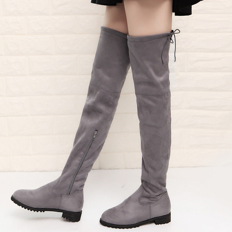 Women's faux suede flat thigh high boots back tie-up