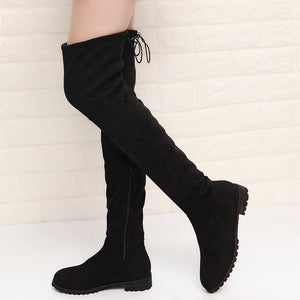 Women's faux suede flat thigh high boots back tie-up