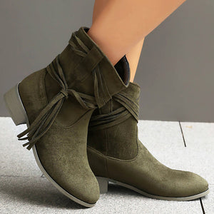 Vintage-Inspired Faux Suede Fringe Boots for Women - Wide Calf Western Style for Casual and Festival Wear