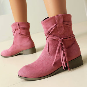 Vintage-Inspired Faux Suede Fringe Boots for Women - Wide Calf Western Style for Casual and Festival Wear