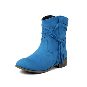 blue Vintage-Inspired Faux Suede Fringe Boots for Women - Wide Calf Western Style for Casual and Festival Wear