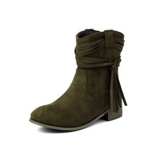 green Vintage-Inspired Faux Suede Fringe Boots for Women - Wide Calf Western Style for Casual and Festival Wear