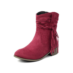 burgundy Vintage-Inspired Faux Suede Fringe Boots for Women - Wide Calf Western Style for Casual and Festival Wear