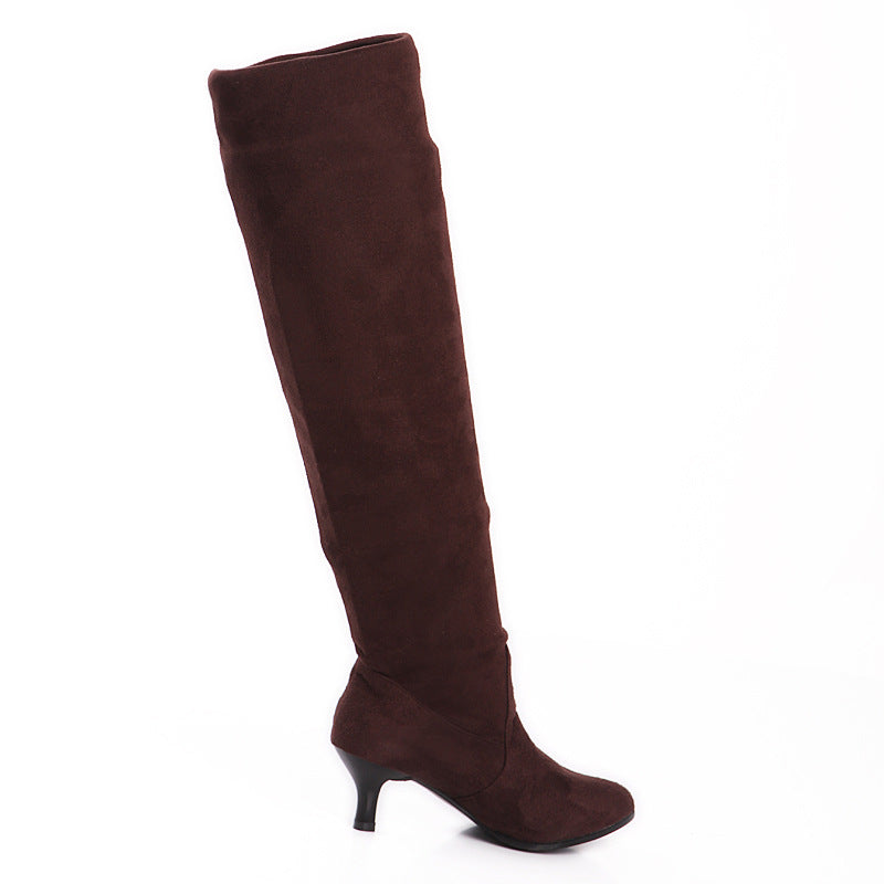 coffee Women's faux suede kitten heels thigh boots