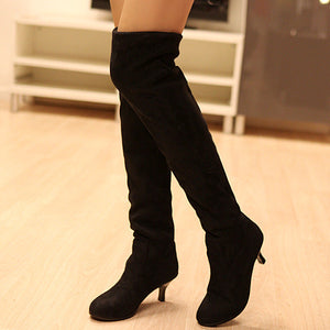 Women's faux suede kitten heels thigh boots