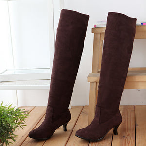 coffee Women's faux suede kitten heels thigh boots