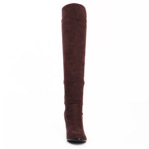 coffee Women's faux suede kitten heels thigh boots