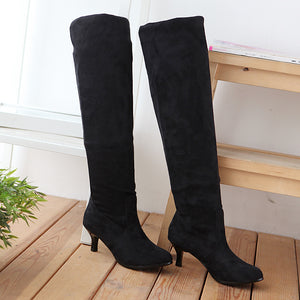 black Women's faux suede kitten heels thigh boots