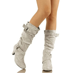 Women's faux suede slouch boots medium heels mid calf boots with buckle straps