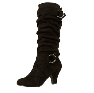 Women's faux suede slouch boots medium heels mid calf boots with buckle straps