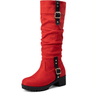 red Women's faux suede slouchy knee high knight boots with buckle belts