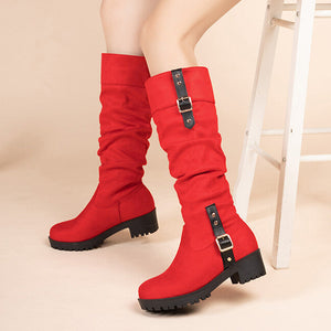 red Women's faux suede slouchy knee high knight boots with buckle belts