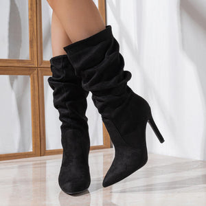 black Women's faux suede slouchy stiletto heels mid calf boots