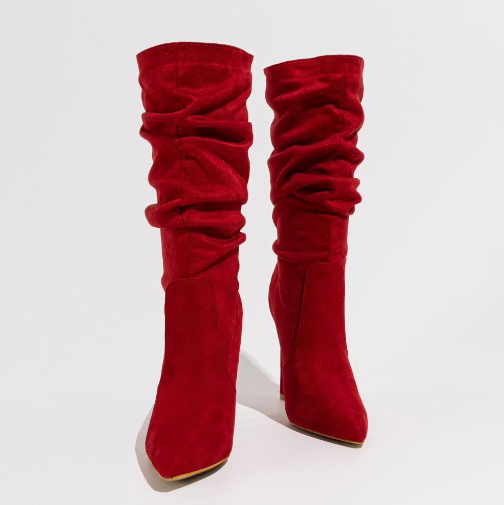 red Women's faux suede slouchy stiletto heels mid calf boots