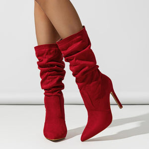 red Women's faux suede slouchy stiletto heels mid calf boots