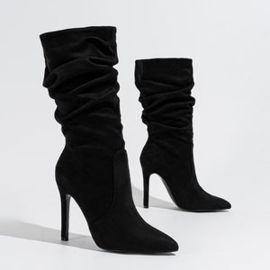 black Women's faux suede slouchy stiletto heels mid calf boots