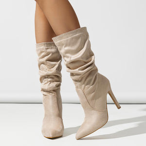 apricot Women's faux suede slouchy stiletto heels mid calf boots