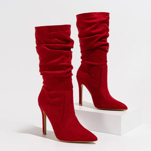 red Women's faux suede slouchy stiletto heels mid calf boots