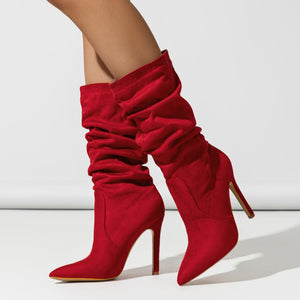 Women's faux suede slouchy stiletto heels mid calf boots