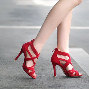 red Women's faux suede strappy galdiator heels