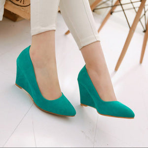green Women's faux suede wedge heels pumps 3 inches work/dress shoes