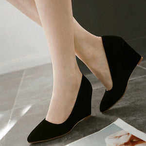 black Women's faux suede wedge heels pumps 3 inches work/dress shoes