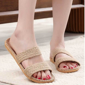 Women's flax summer indoor slippers anti-slip vacation style slides