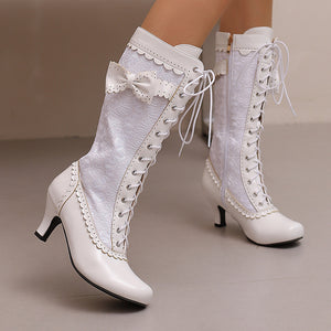 Women's floral embroidery lace-up Victorian boots with bow